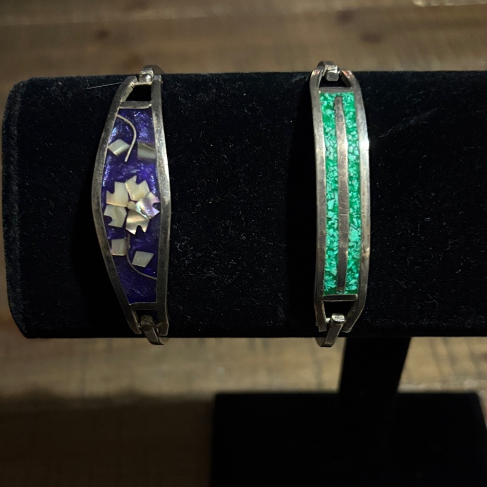 Vintage Takco Mexico Silver Turquoise and Purple Hinged Bangle Bracelets